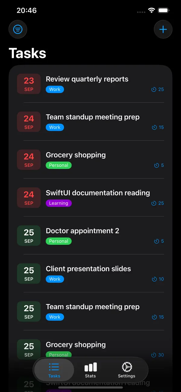 Task list showing colour-coded tasks by category and date Task list showing colour-coded tasks by category and date
