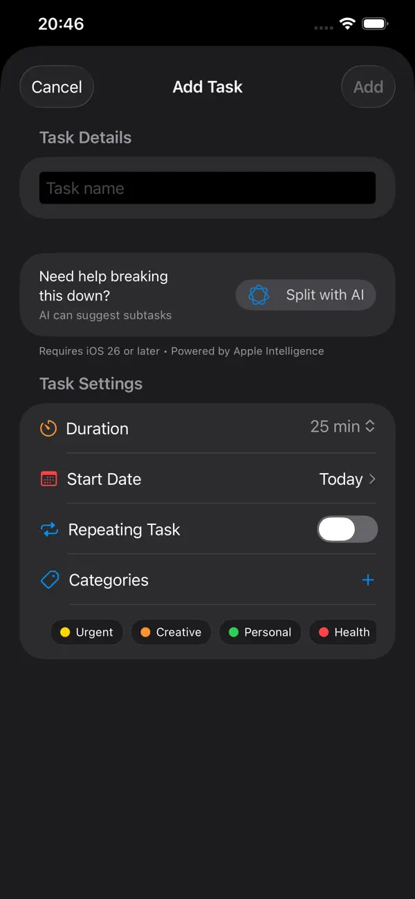 Add Task screen with AI-powered task splitting, duration picker, and category tags Add Task screen with AI-powered task splitting, duration picker, and category tags